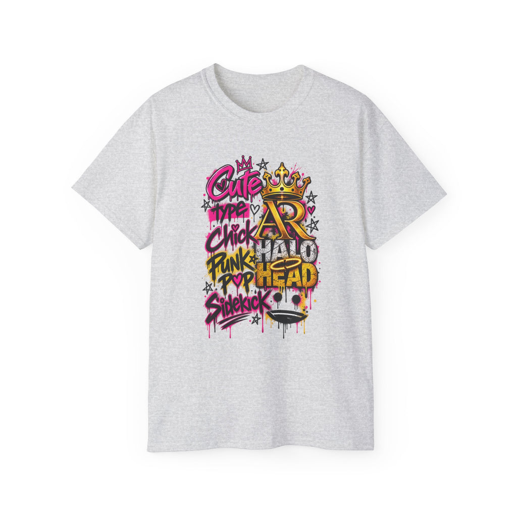 Graffiti Crown Street Tee — "Cute Chick Punk Halo Head" Graphic Shirt
