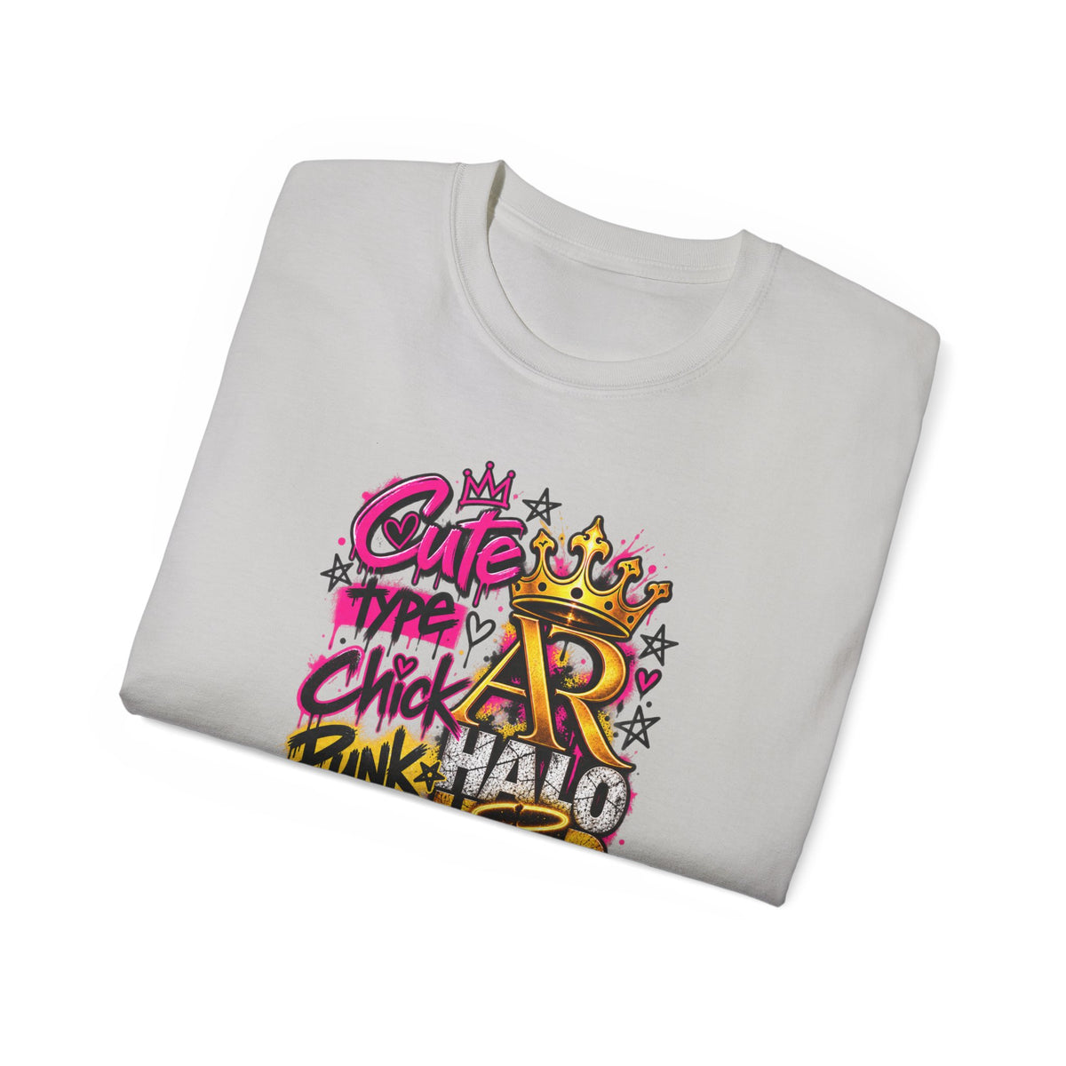 Graffiti Crown Street Tee — "Cute Chick Punk Halo Head" Graphic Shirt