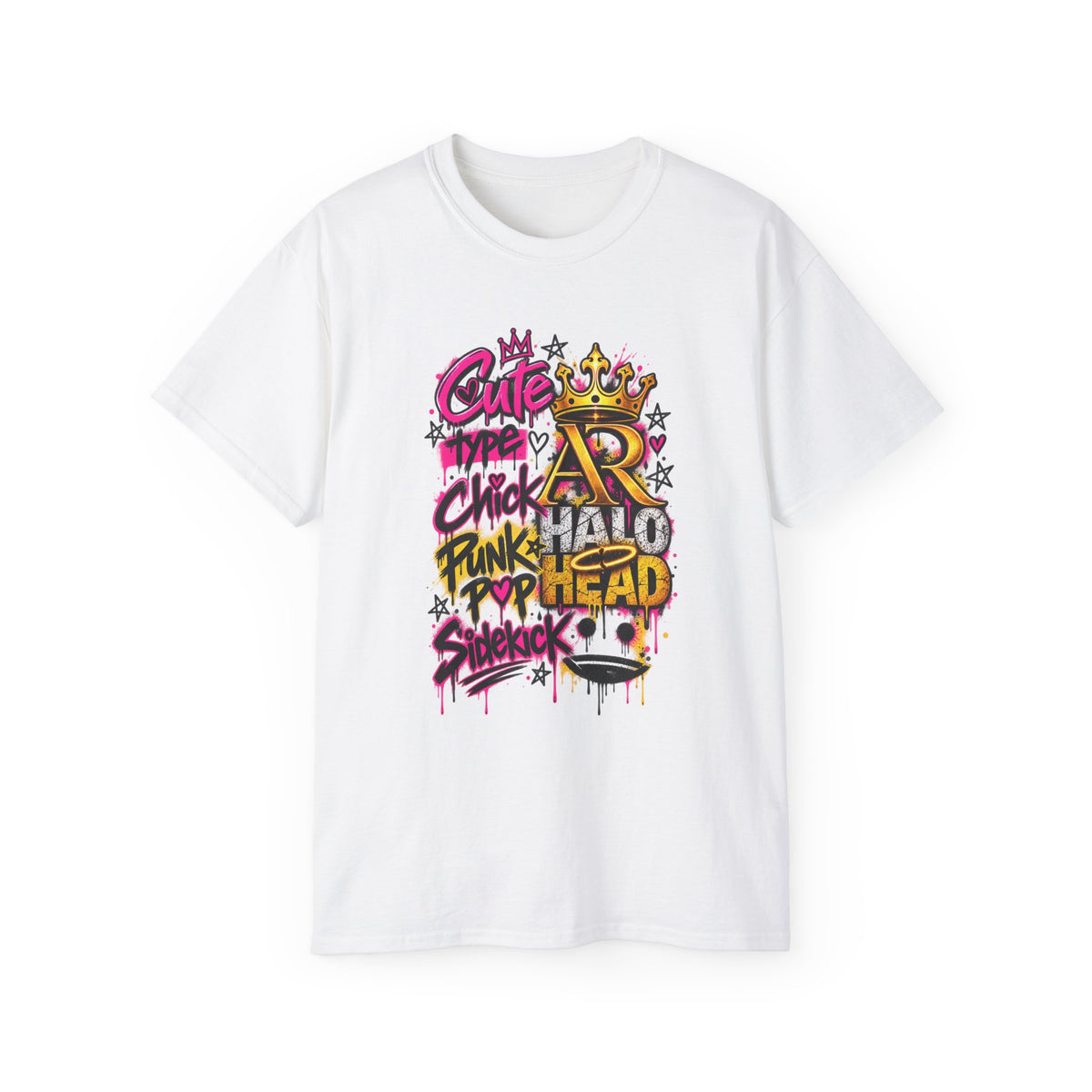 Graffiti Crown Street Tee — "Cute Chick Punk Halo Head" Graphic Shirt