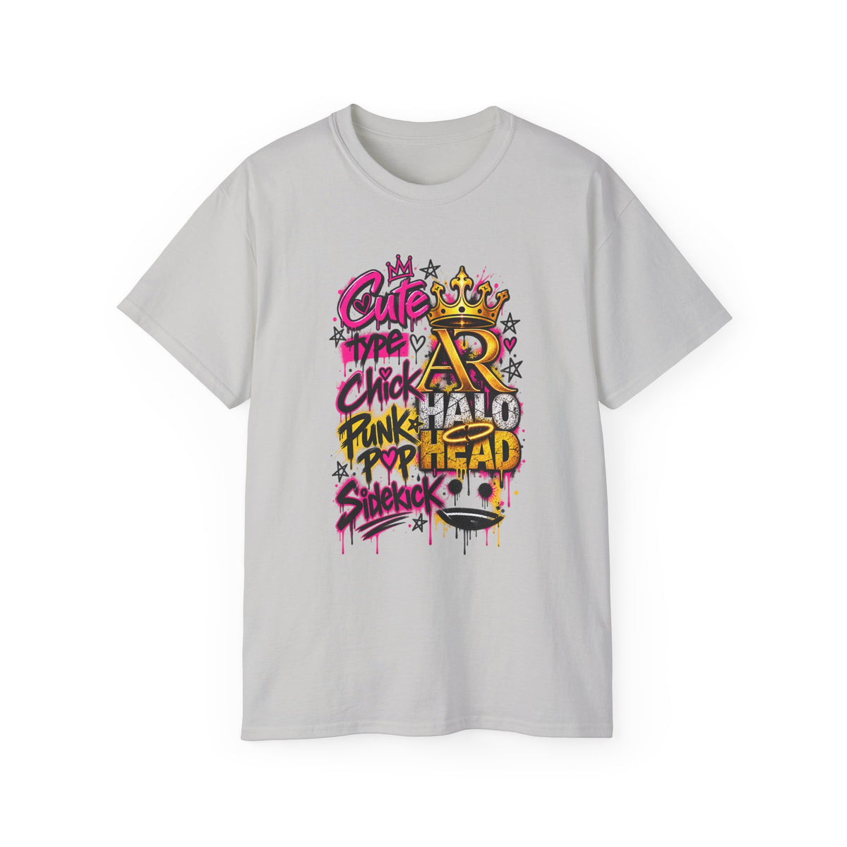 Graffiti Crown Street Tee — "Cute Chick Punk Halo Head" Graphic Shirt