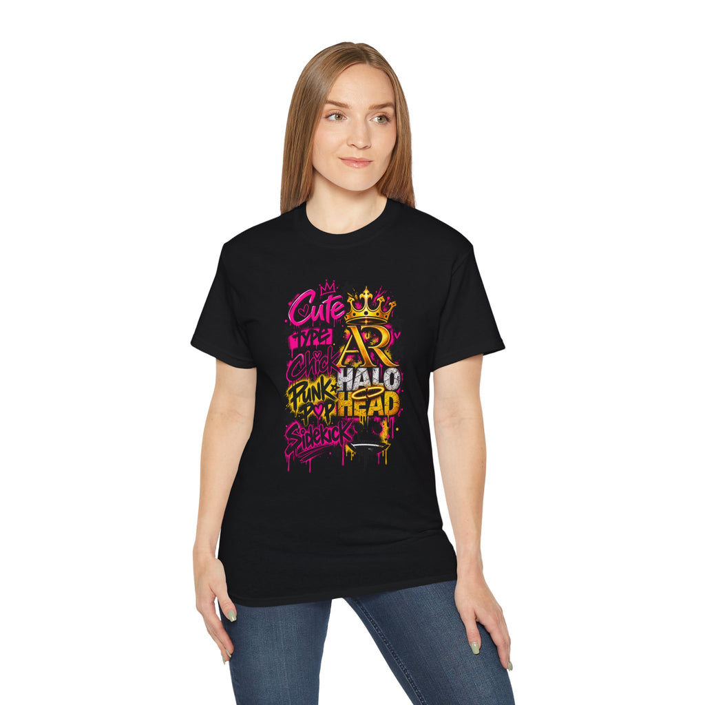 Graffiti Crown Street Tee — "Cute Chick Punk Halo Head" Graphic Shirt