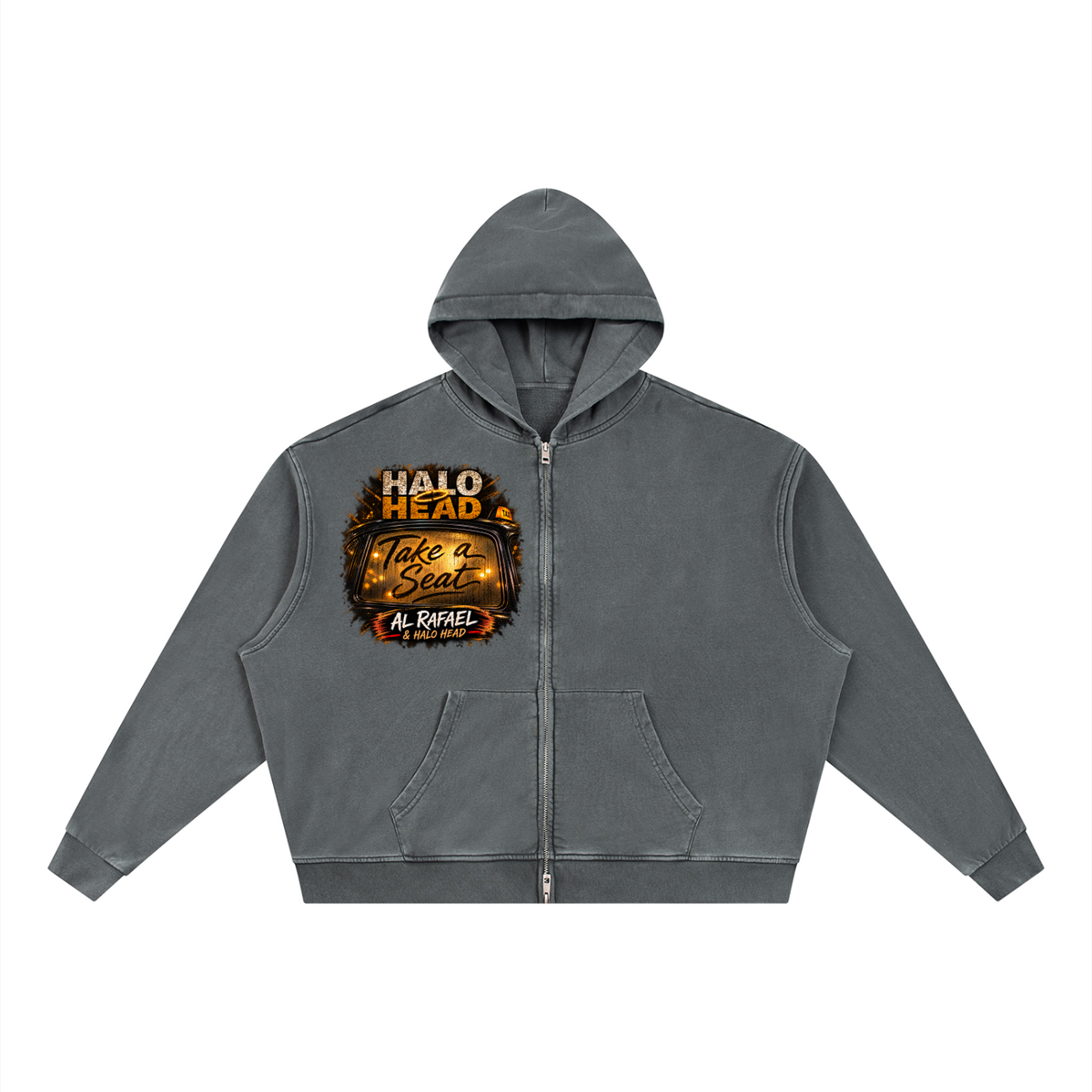 AR Halo Head Brand: Unisex Vintage Wash Full Zip Boxy Hoodie